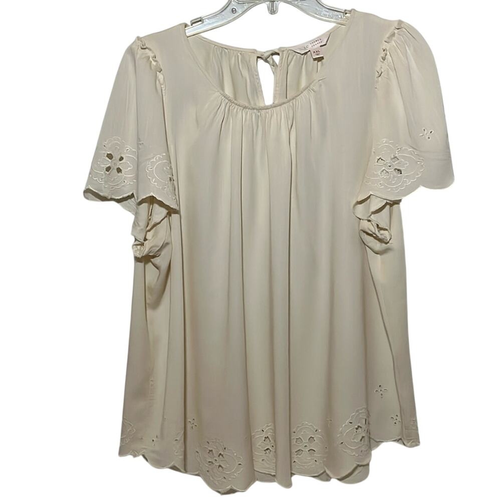 Lauren Conrad Embroidered Cream Blouse Work Cottagecore Neutral Womens Size XXL